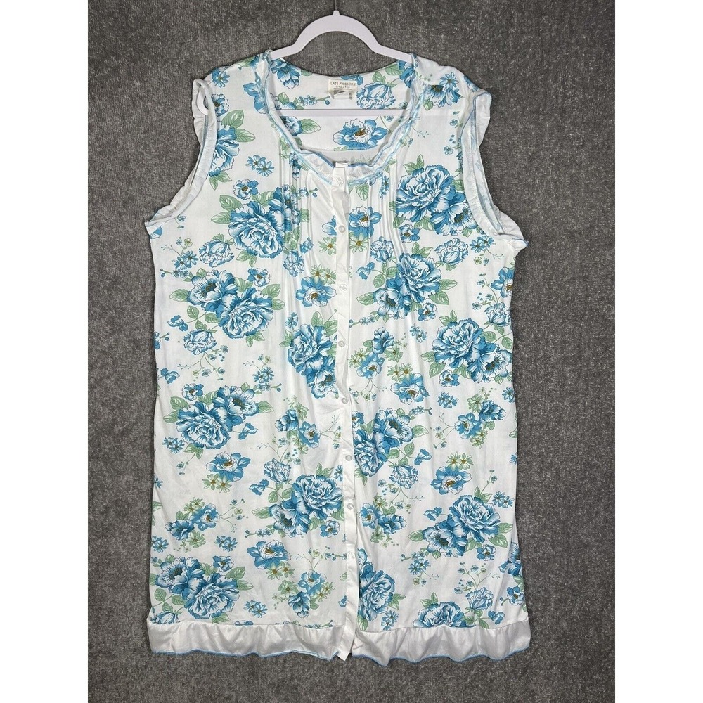 Lati Fashion Intimates Sleeveless Button Up Sleepshirt Womens Sz XXL Blue Floral